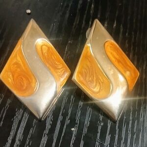 Sterling Silver-Tone Swirl Drop Earrings with Amber Inlay